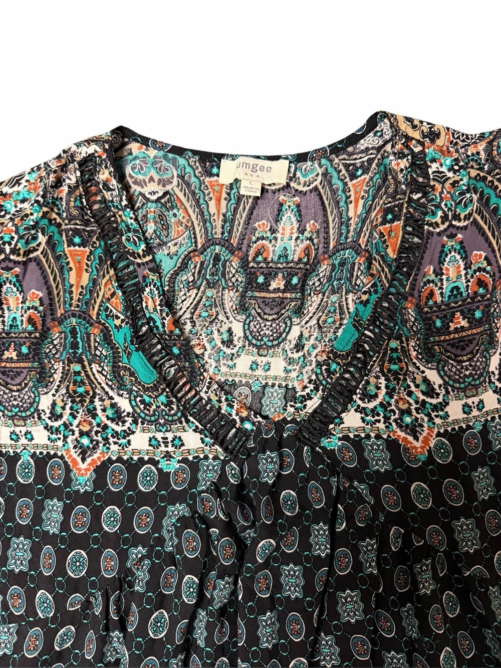Umgee Boho Paisley Peasant Tunic Top Large Black Teal Ruffle Hem - Picture 4 of 9